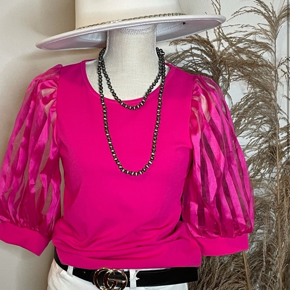 New Pink Puff Sheer Sleeve Dress Top Blouse 2XL
